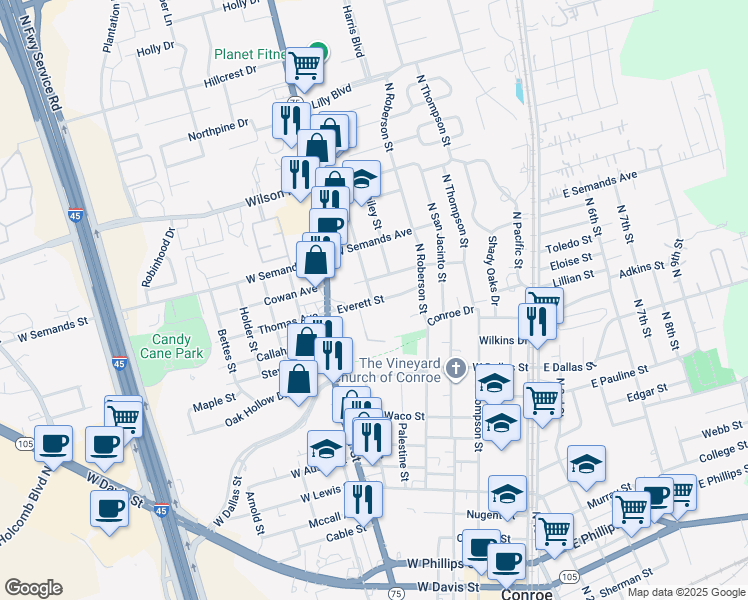 map of restaurants, bars, coffee shops, grocery stores, and more near 1308 Houston Street in Conroe