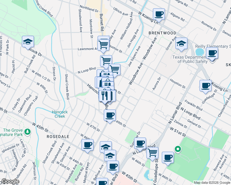 map of restaurants, bars, coffee shops, grocery stores, and more near 1416 West 51st Street in Austin