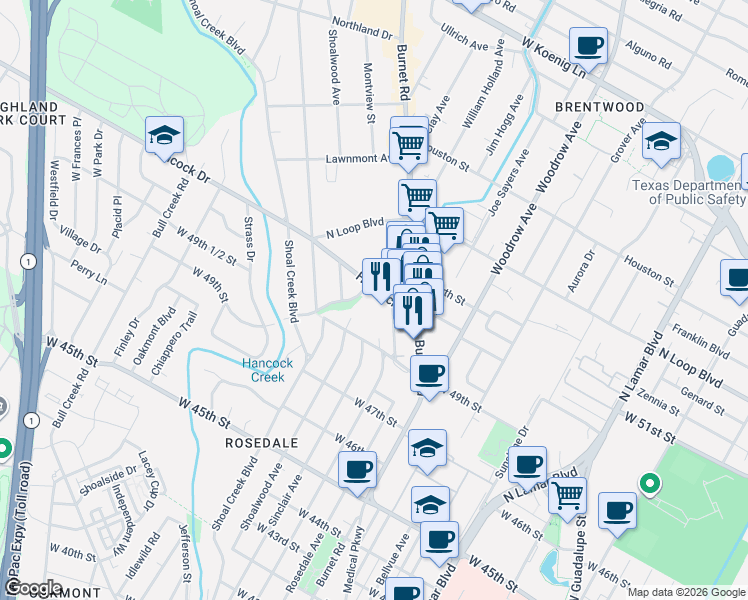 map of restaurants, bars, coffee shops, grocery stores, and more near 2209 Hancock Drive in Austin