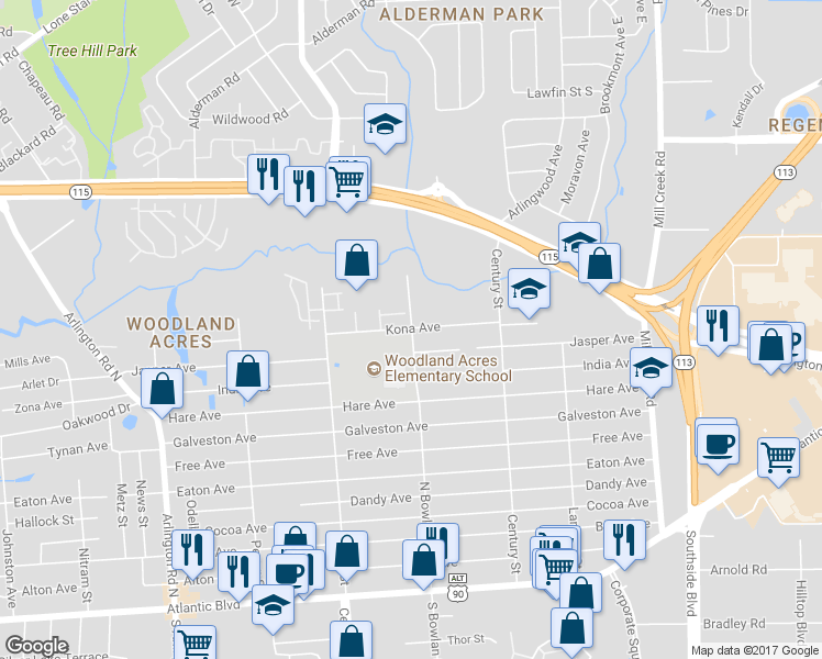 map of restaurants, bars, coffee shops, grocery stores, and more near 544 North Bowlan Street in Jacksonville