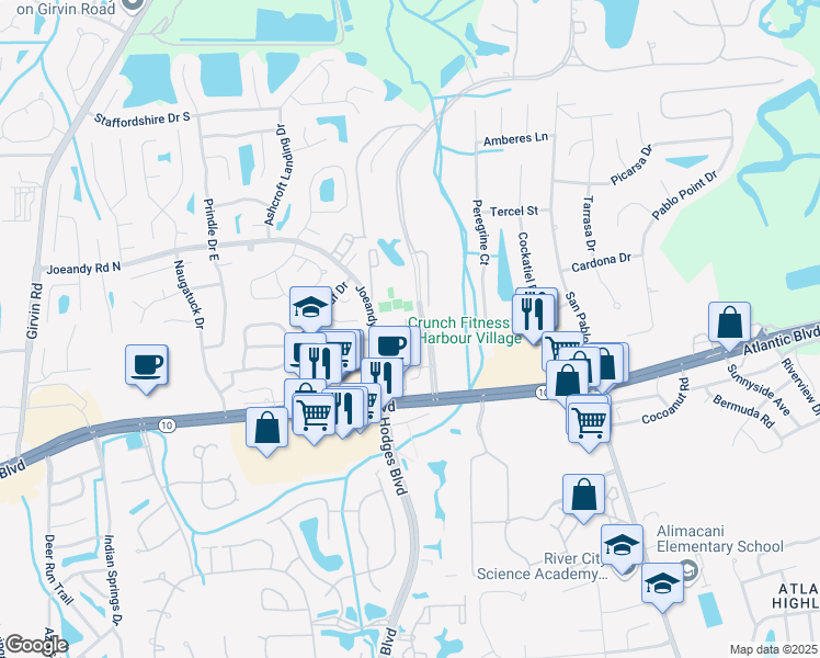 map of restaurants, bars, coffee shops, grocery stores, and more near 111 Rimini Court in Jacksonville