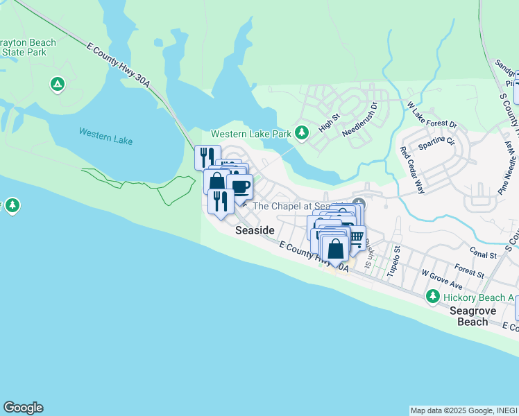 map of restaurants, bars, coffee shops, grocery stores, and more near 74 Mystic Cobalt Street in Santa Rosa Beach