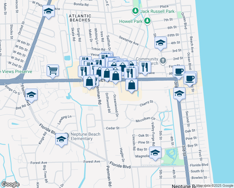 map of restaurants, bars, coffee shops, grocery stores, and more near 301 Oceanwood Drive in Neptune Beach