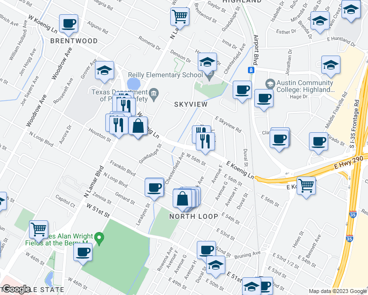 map of restaurants, bars, coffee shops, grocery stores, and more near W Koenig Ln & Chesterfield Ave in Austin