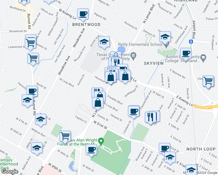 map of restaurants, bars, coffee shops, grocery stores, and more near N Lamar Blvd & Nelray Blvd in Austin