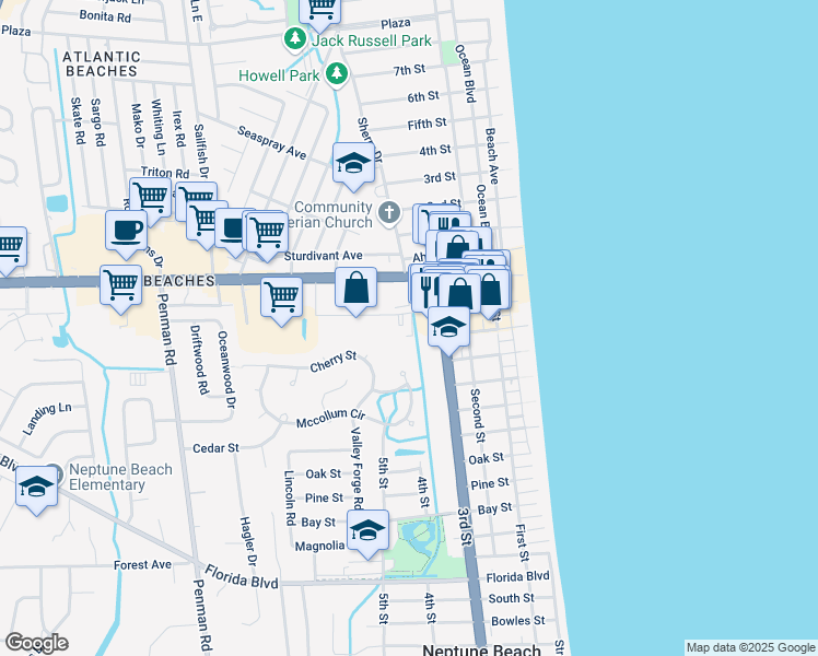 map of restaurants, bars, coffee shops, grocery stores, and more near 252 3rd Street in Neptune Beach