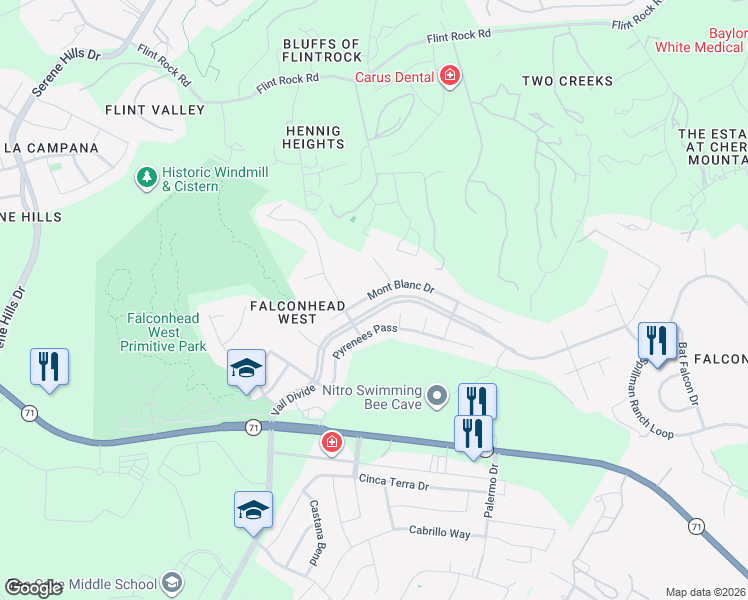 map of restaurants, bars, coffee shops, grocery stores, and more near 4713 Mont Blanc Drive in Austin