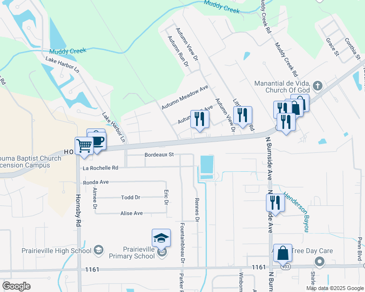 map of restaurants, bars, coffee shops, grocery stores, and more near 40291 Louisiana 42 in Prairieville