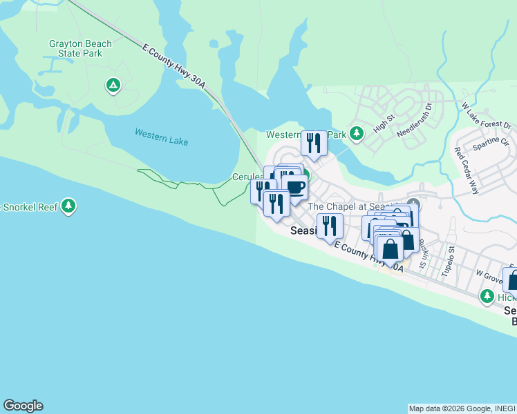 map of restaurants, bars, coffee shops, grocery stores, and more near 105 Park Row Lane in Santa Rosa Beach