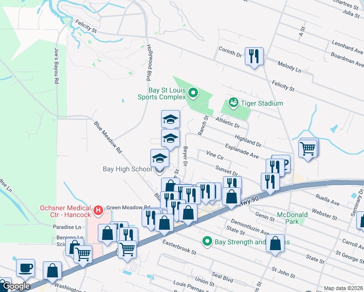 map of restaurants, bars, coffee shops, grocery stores, and more near 600 Pine St in Bay St. Louis