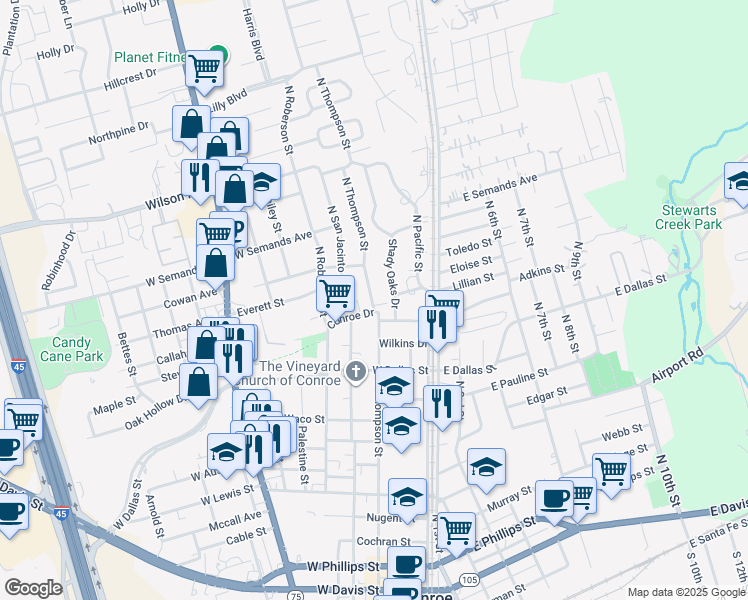 map of restaurants, bars, coffee shops, grocery stores, and more near 1503 North Thompson Street in Conroe