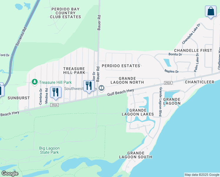 map of restaurants, bars, coffee shops, grocery stores, and more near 12208 Gulf Beach Highway in Pensacola