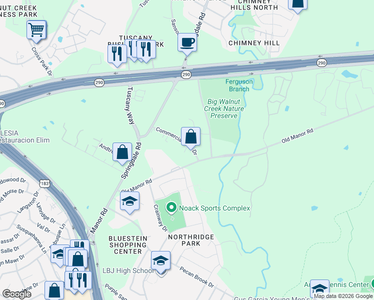 map of restaurants, bars, coffee shops, grocery stores, and more near 4909 Commercial Park Drive in Austin