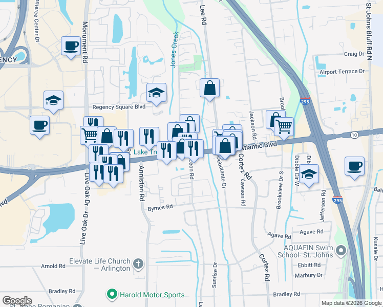 map of restaurants, bars, coffee shops, grocery stores, and more near 10058 Atlantic Boulevard in Jacksonville