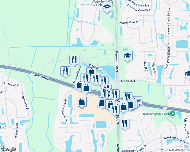 map of restaurants, bars, coffee shops, grocery stores, and more near Unnamed Road in Jacksonville