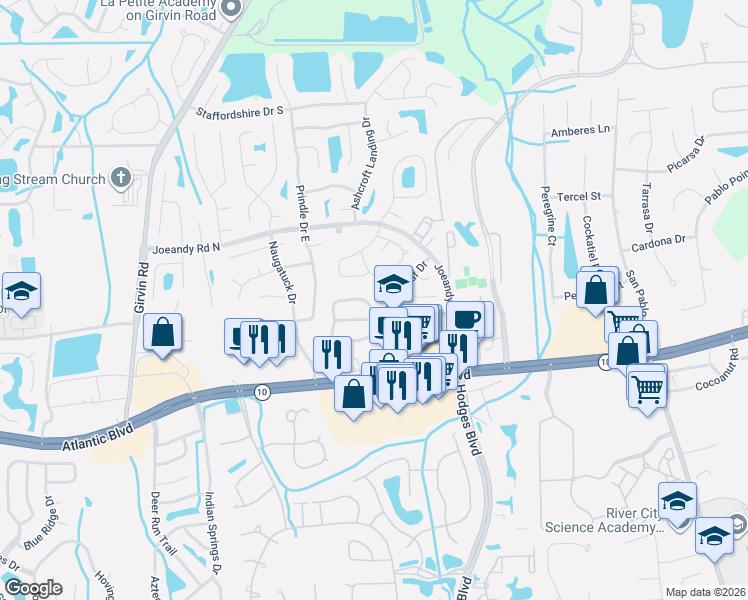 map of restaurants, bars, coffee shops, grocery stores, and more near 187 Annandale Drive East in Jacksonville