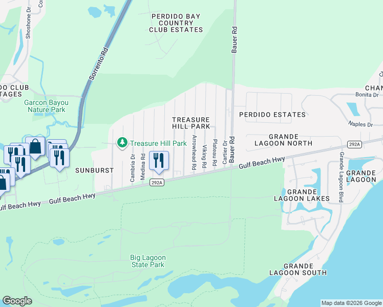 map of restaurants, bars, coffee shops, grocery stores, and more near 5391 Arrowhead Road in Pensacola