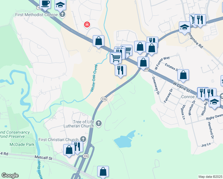 map of restaurants, bars, coffee shops, grocery stores, and more near 2847 North Loop 336 West in Conroe