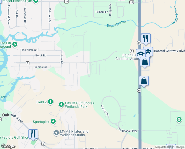 map of restaurants, bars, coffee shops, grocery stores, and more near 19480 County Road 8 in Gulf Shores