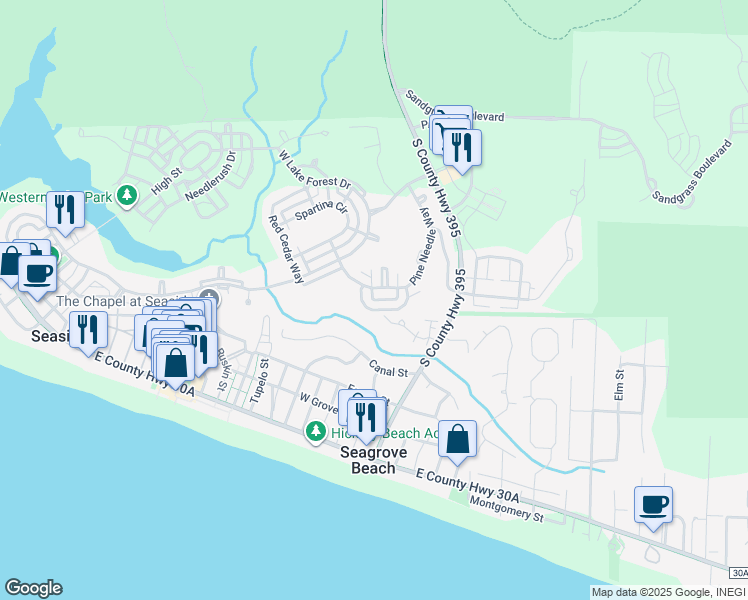 map of restaurants, bars, coffee shops, grocery stores, and more near 89 Running Oak Circle in Santa Rosa Beach
