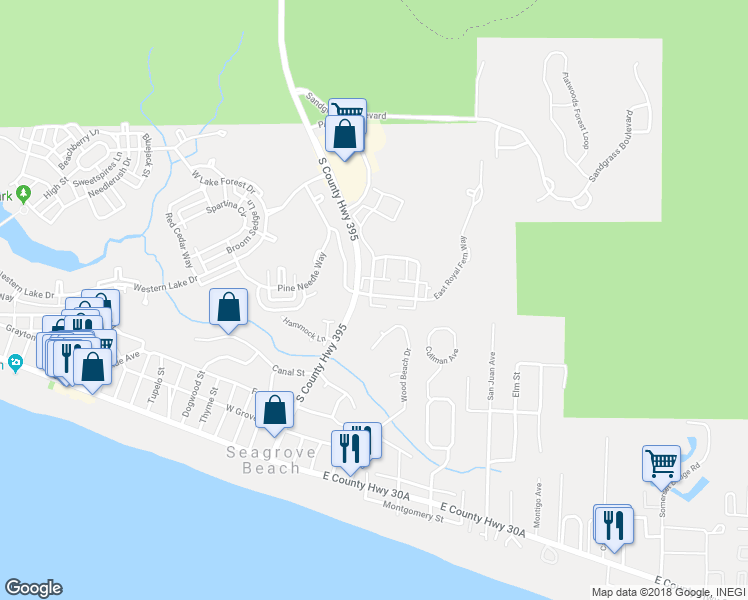 map of restaurants, bars, coffee shops, grocery stores, and more near 50 East Royal Fern Way in Santa Rosa Beach