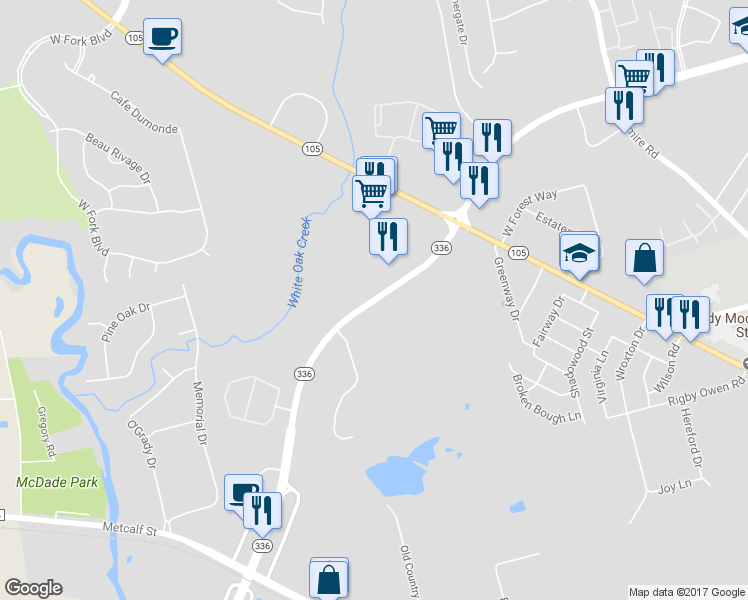 map of restaurants, bars, coffee shops, grocery stores, and more near 2831 North Loop 336 West in Conroe