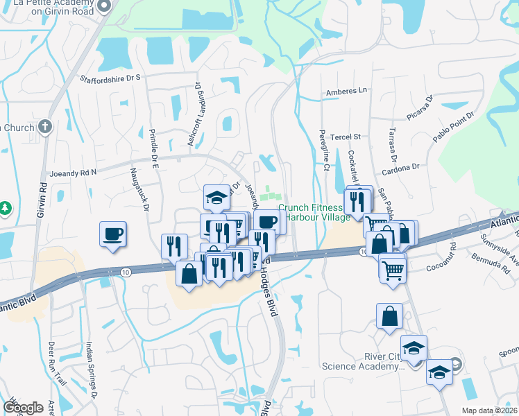 map of restaurants, bars, coffee shops, grocery stores, and more near 13284 Grant Logan Lane in Jacksonville