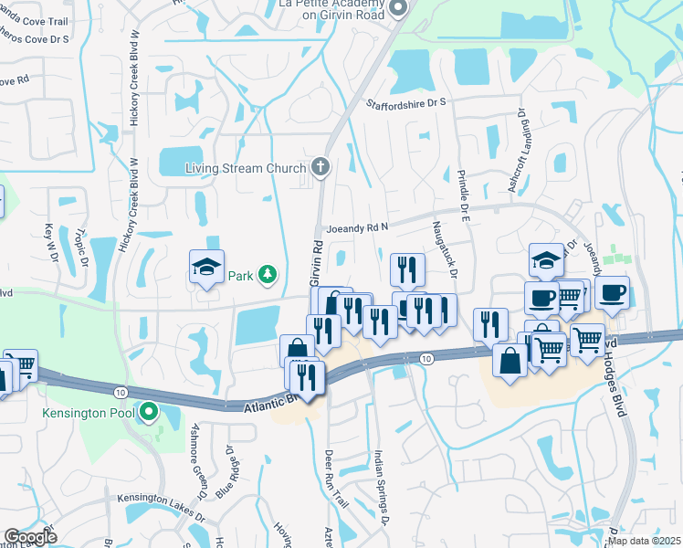 map of restaurants, bars, coffee shops, grocery stores, and more near 78 Crystal Branch Court in Jacksonville