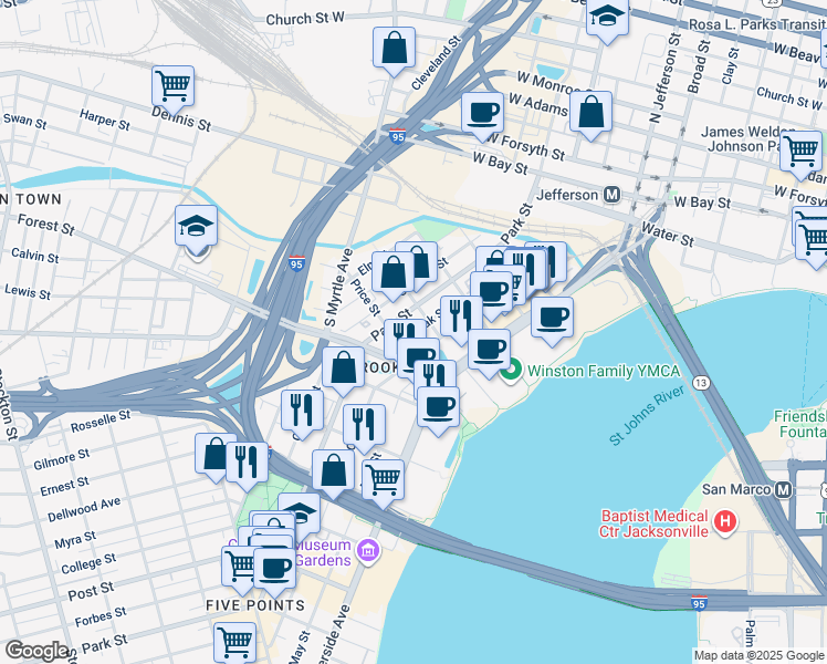 map of restaurants, bars, coffee shops, grocery stores, and more near 330 Magnolia Street in Jacksonville