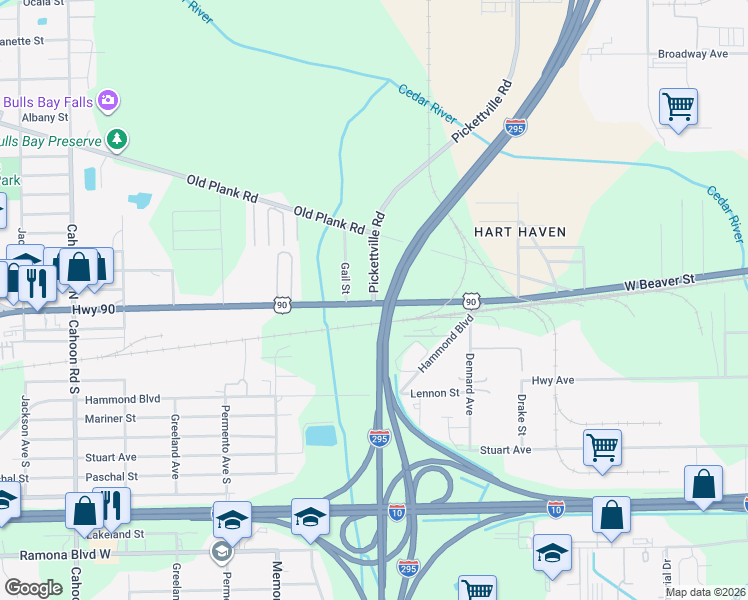 map of restaurants, bars, coffee shops, grocery stores, and more near 10 Pickettville Road in Jacksonville