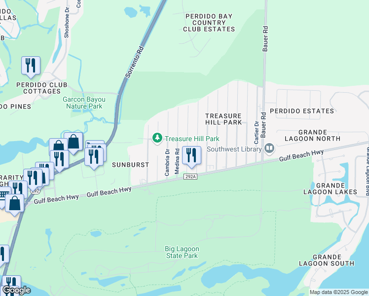 map of restaurants, bars, coffee shops, grocery stores, and more near 5487 Medina Road in Pensacola