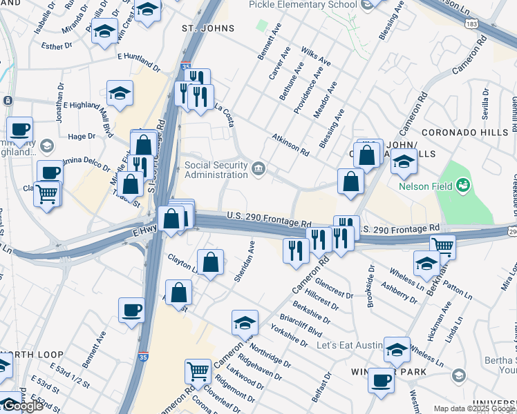 map of restaurants, bars, coffee shops, grocery stores, and more near 6300 U.S. 290 Frontage Road in Austin