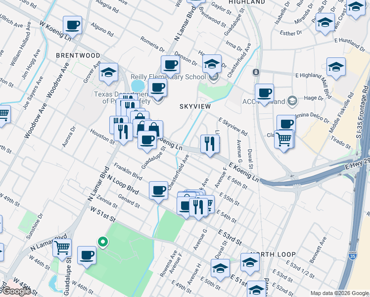 map of restaurants, bars, coffee shops, grocery stores, and more near 211 West Koenig Lane in Austin