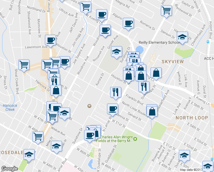 map of restaurants, bars, coffee shops, grocery stores, and more near 5306 McCandless Street in Austin