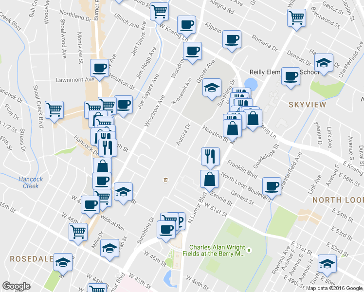 map of restaurants, bars, coffee shops, grocery stores, and more near 1004 West North Loop Boulevard in Austin
