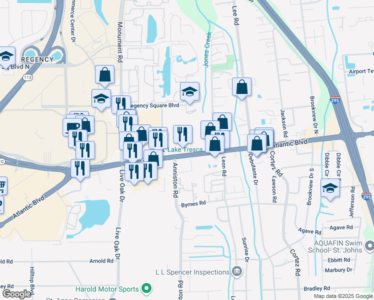 map of restaurants, bars, coffee shops, grocery stores, and more near 9910-9940 Atlantic Blvd in Jacksonville