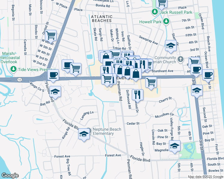map of restaurants, bars, coffee shops, grocery stores, and more near 400 Penman Road in Neptune Beach