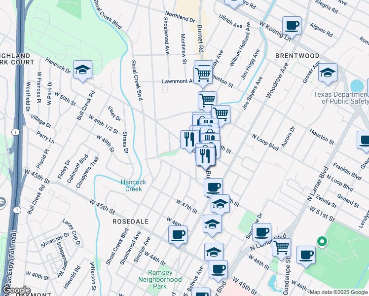 map of restaurants, bars, coffee shops, grocery stores, and more near 2209 Hancock Drive in Austin