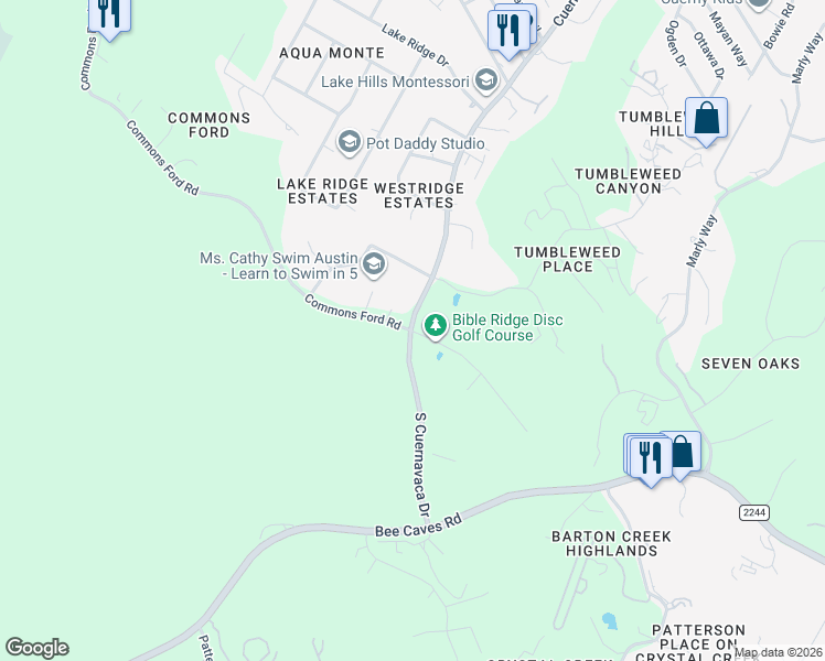map of restaurants, bars, coffee shops, grocery stores, and more near 225 Commons Ford Road South in Austin
