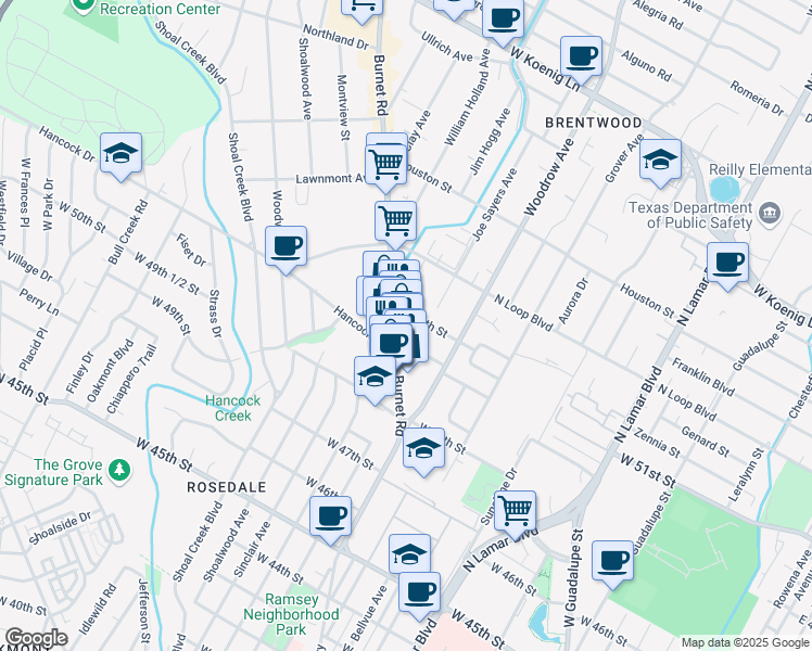 map of restaurants, bars, coffee shops, grocery stores, and more near 1416 West 51st Street in Austin