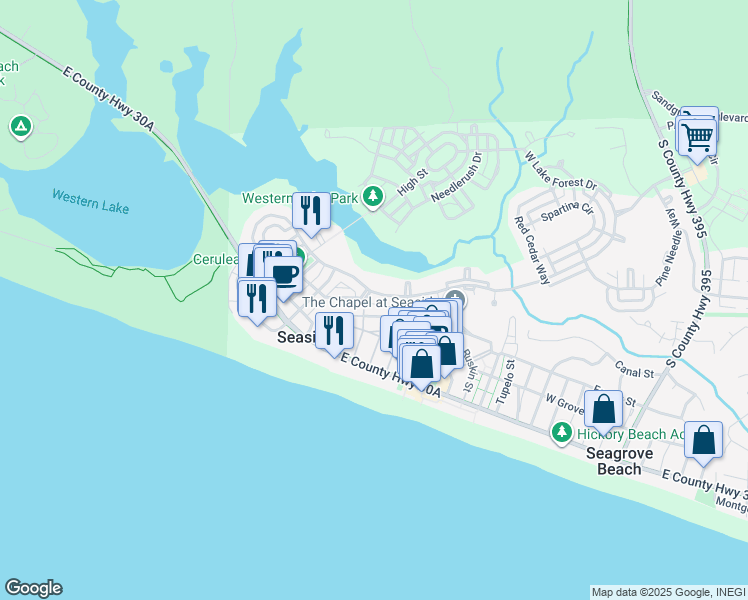 map of restaurants, bars, coffee shops, grocery stores, and more near 736 Western Lake Drive in Santa Rosa Beach
