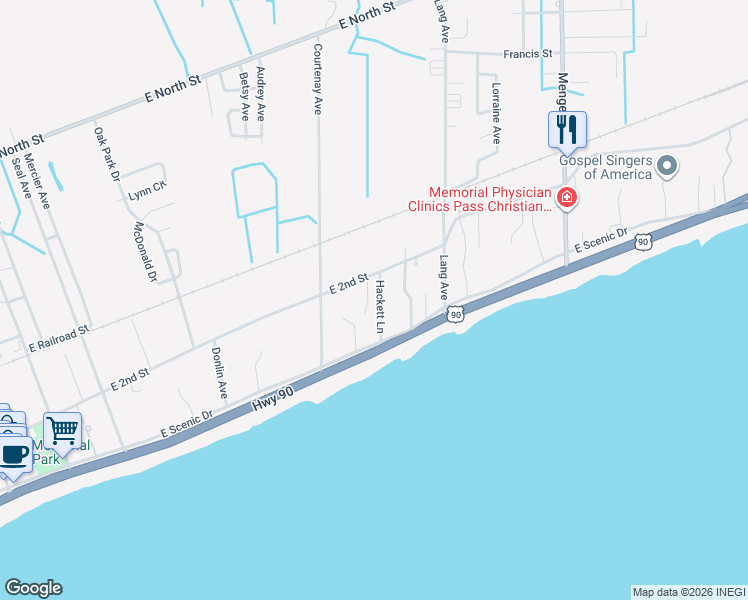 map of restaurants, bars, coffee shops, grocery stores, and more near 101 Hackett Lane in Pass Christian