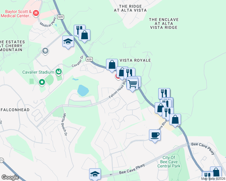 map of restaurants, bars, coffee shops, grocery stores, and more near 14305 Broadwinged Hawk Drive in Austin