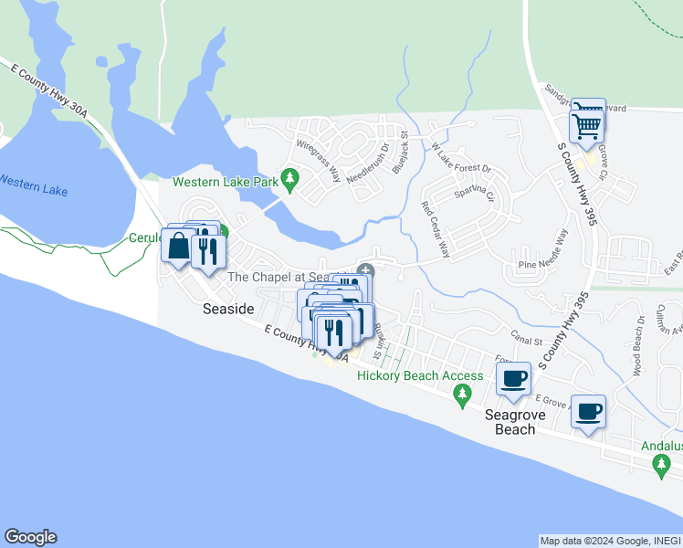 map of restaurants, bars, coffee shops, grocery stores, and more near 870 Western Lake Drive in Santa Rosa Beach
