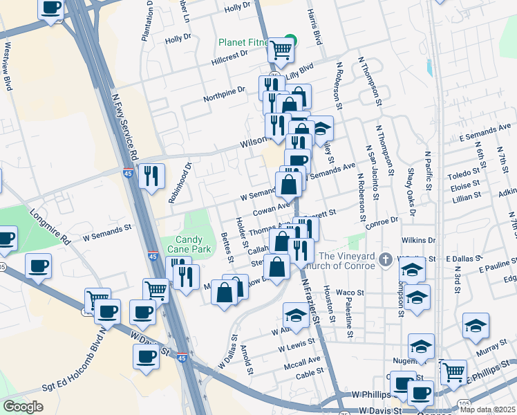 map of restaurants, bars, coffee shops, grocery stores, and more near 1003 Cowan Avenue in Conroe