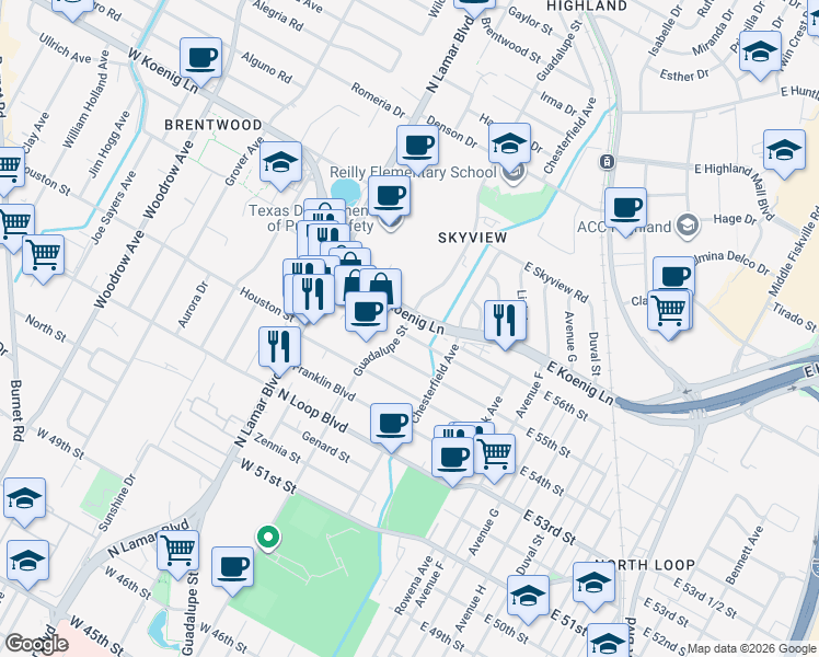 map of restaurants, bars, coffee shops, grocery stores, and more near 405 West 55th 1/2 Street in Austin