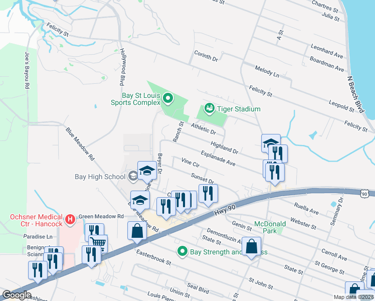 map of restaurants, bars, coffee shops, grocery stores, and more near 513 Vine Cir in Bay St. Louis