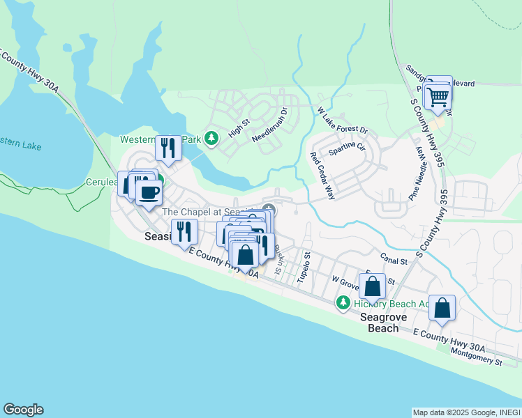 map of restaurants, bars, coffee shops, grocery stores, and more near in Seaside