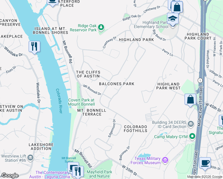 map of restaurants, bars, coffee shops, grocery stores, and more near 3305 Laurel Circle in Austin