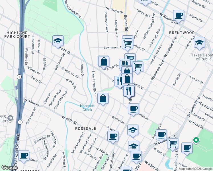 map of restaurants, bars, coffee shops, grocery stores, and more near 5002 Shoalwood Avenue in Austin